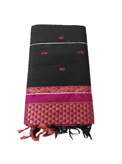 Women's Pure Kalyani Cotton Silk Saree with Zari Border and Blouse Piece (Black & Pink)