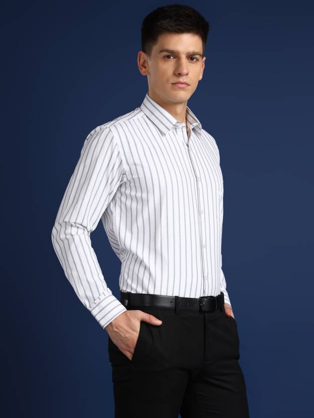 Men Slim Fit Striped Spread Collar Formal Shirt