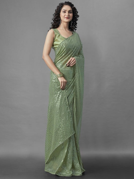 Vruta Fashion Shimmer Georgette Saree With Lace Border and Sequence Work