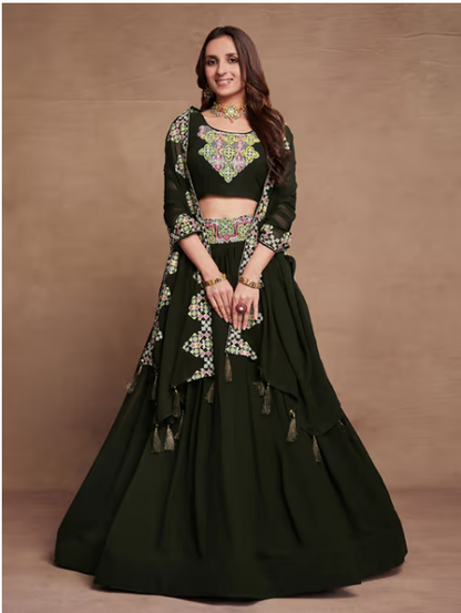 Green Georgette Embroidered Semi Stitched Lehenga with Unstitched Blouse