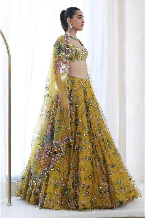 Embroidered blouse with heavily embroidered lehenga and dupatta