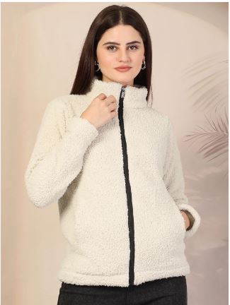 Women White Solid Sherpa Heavy Winter Jacket