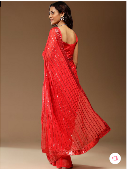 Red Embellished Pure Georgette Saree