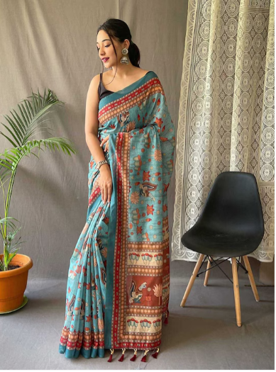 Cotton Bend Kalamkari Saree With Tassel