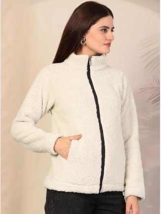 Women White Solid Sherpa Heavy Winter Jacket