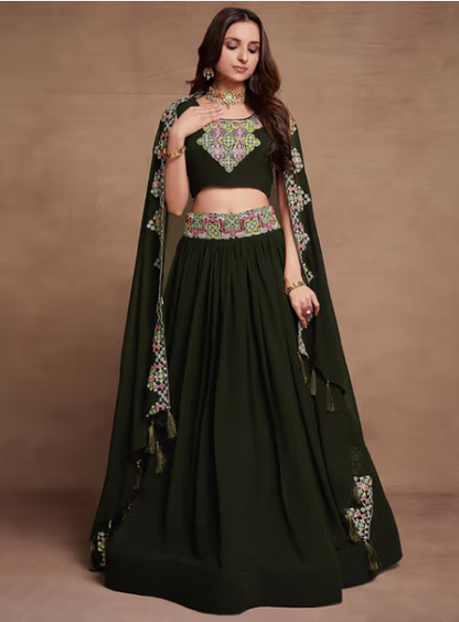 Green Georgette Embroidered Semi Stitched Lehenga with Unstitched Blouse