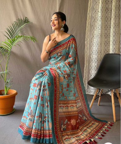 Cotton Bend Kalamkari Saree With Tassel