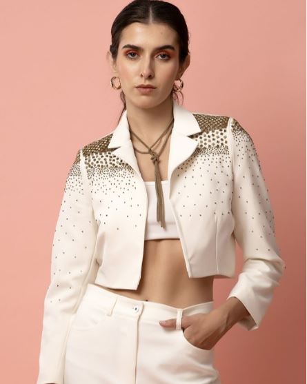 White Pearl Embellished Textured Blazer