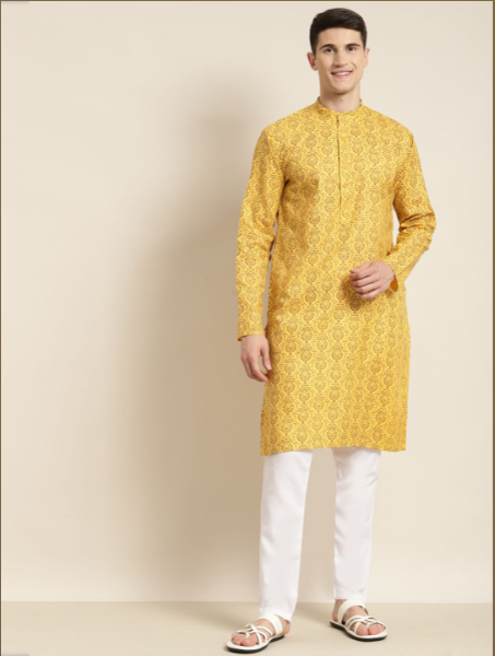 Mens Cotton Blend Mustard Printed Kurta & White Churidar Pyjama Set