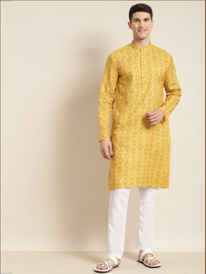 Mens Cotton Blend Mustard Printed Kurta & White Churidar Pyjama Set