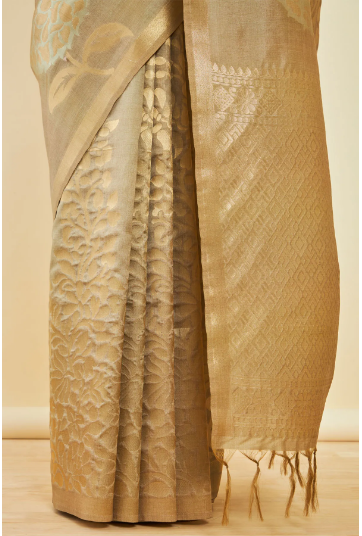 Beige Tussar Silk Saree With Zari Woven Floral And Foliage Designs