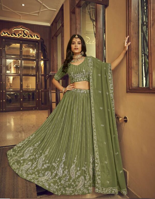 Green Embroidered Georgette Semi Stitched Lehenga