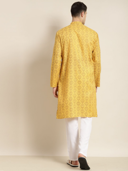 Mens Cotton Blend Mustard Printed Kurta & White Churidar Pyjama Set