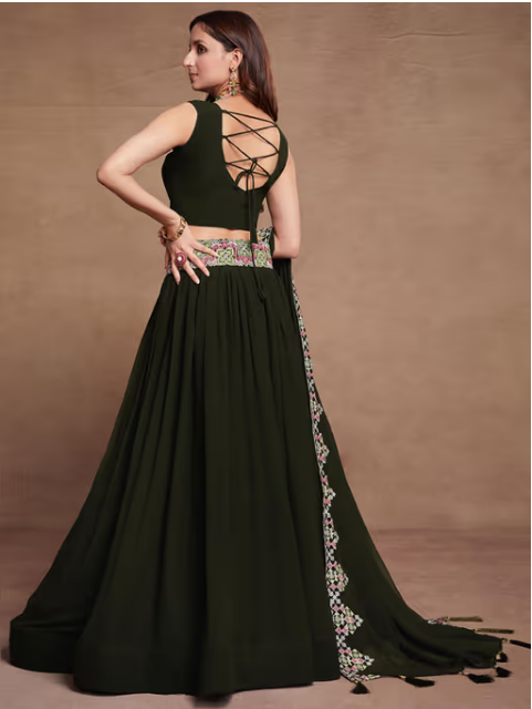 Green Georgette Embroidered Semi Stitched Lehenga with Unstitched Blouse