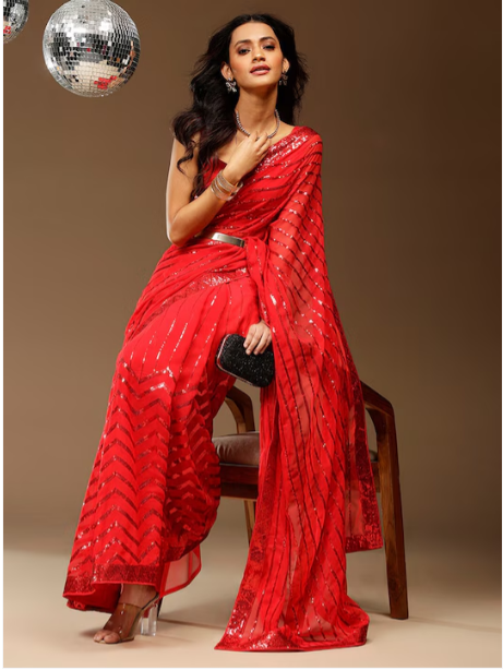 Red Embellished Pure Georgette Saree