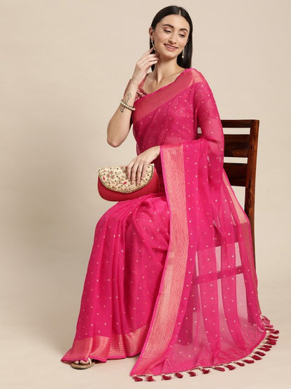 Pink & Gold-Toned Floral Zari Pure Chiffon Saree