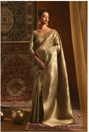 Beige Tussar Silk Saree With Zari Woven Floral And Foliage Designs