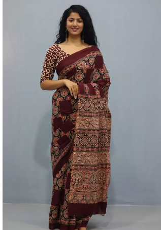 Women's Ikat Hand Block Print Jaipuri Cotton Mulmul Saree with Blouse Piece