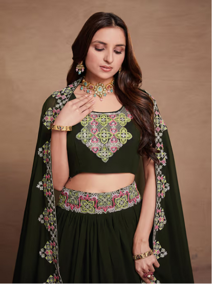 Green Georgette Embroidered Semi Stitched Lehenga with Unstitched Blouse