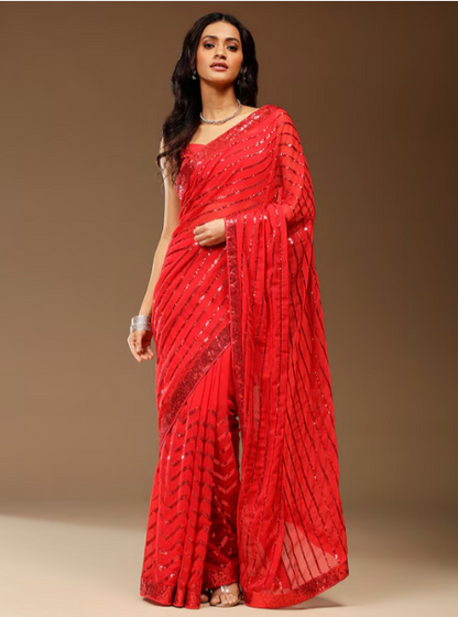 Red Embellished Pure Georgette Saree