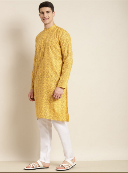 Mens Cotton Blend Mustard Printed Kurta & White Churidar Pyjama Set