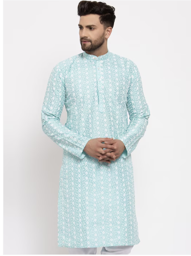 Jompers Men Turquoise Blue Embroidered Chikankari Straight Cotton Kurta