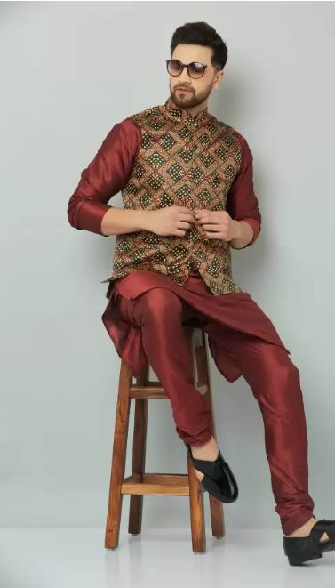 Men Pure Silk Kurta Churidar Ethnic Jacket Set