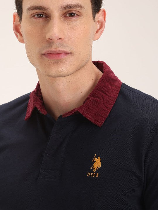 Men Navy Blue Polo Collar Slim Fit Pure Cotton T-shirt