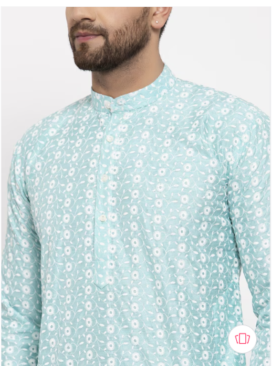 Jompers Men Turquoise Blue Embroidered Chikankari Straight Cotton Kurta