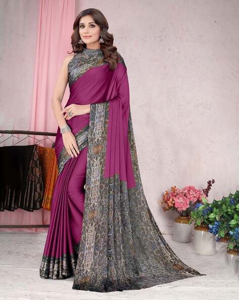 Saree with Printed Border & Contrast Pallu