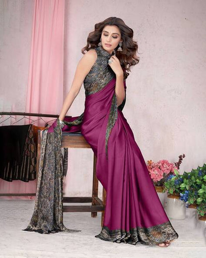 Saree with Printed Border & Contrast Pallu