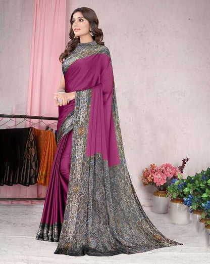 Saree with Printed Border & Contrast Pallu