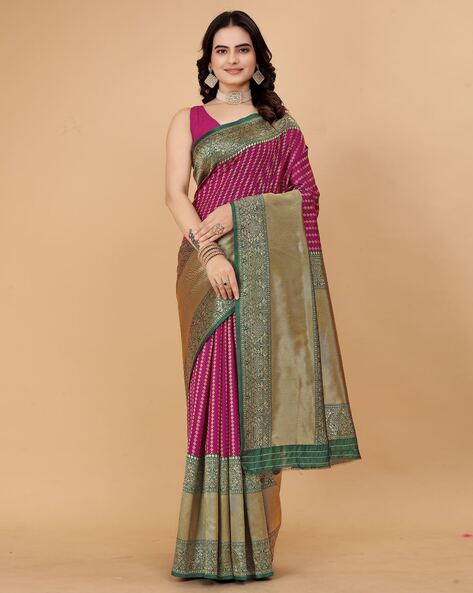 Indie Picks Women Kanjeevaram Woven Saree with Contrast Border For Women