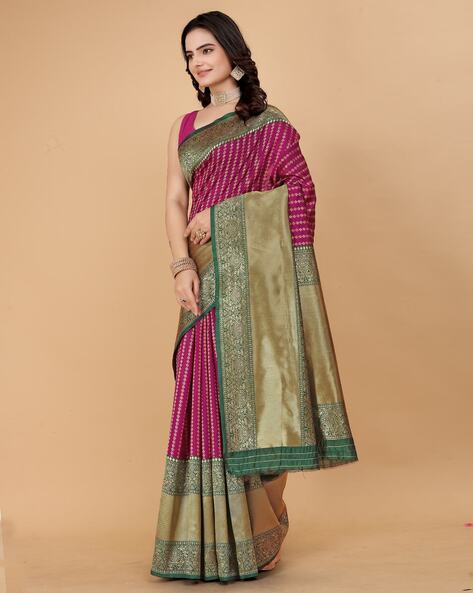 Indie Picks Women Kanjeevaram Woven Saree with Contrast Border For Women