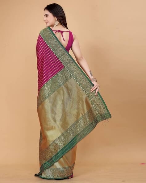 Indie Picks Women Kanjeevaram Woven Saree with Contrast Border For Women