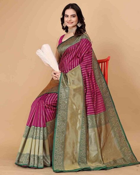 Indie Picks Women Kanjeevaram Woven Saree with Contrast Border For Women