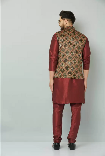 Men Pure Silk Kurta Churidar Ethnic Jacket Set