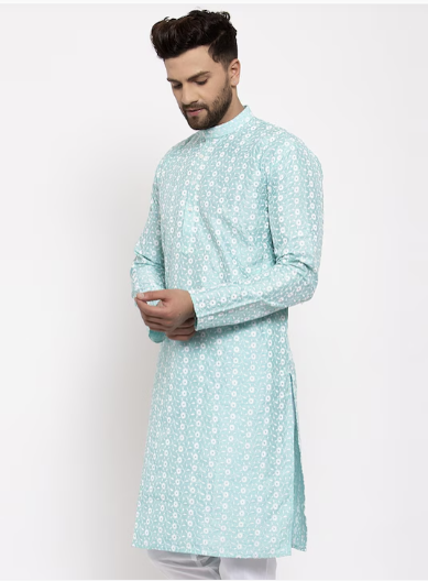 Jompers Men Turquoise Blue Embroidered Chikankari Straight Cotton Kurta