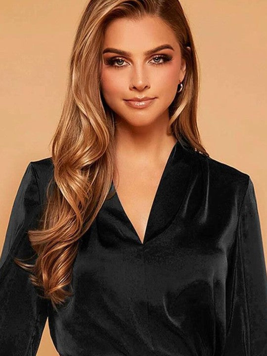 Black V-Neck Cuffed Sleeve Satin Top