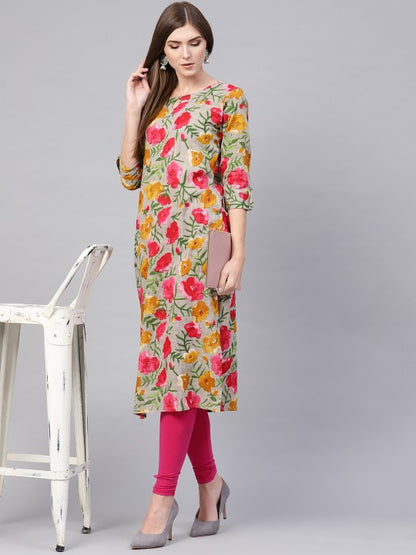 Women Grey & Pink Floral Print Straight Kurta