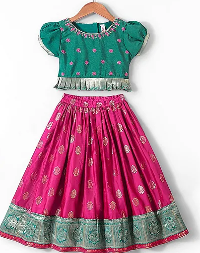 Half Sleeves Pattu Pavada Choli with Lehenga Set with Floral Embroidery - Fuchsia