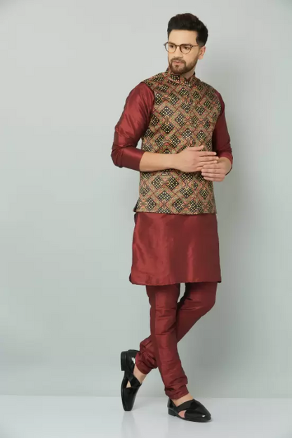 Men Pure Silk Kurta Churidar Ethnic Jacket Set