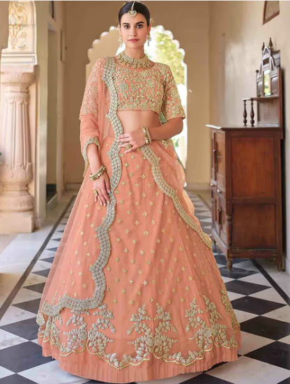 Pretty Peach Soft Net Semi Stitched Lehenga with Unstitched Blouse