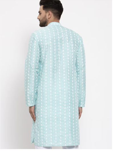 Jompers Men Turquoise Blue Embroidered Chikankari Straight Cotton Kurta