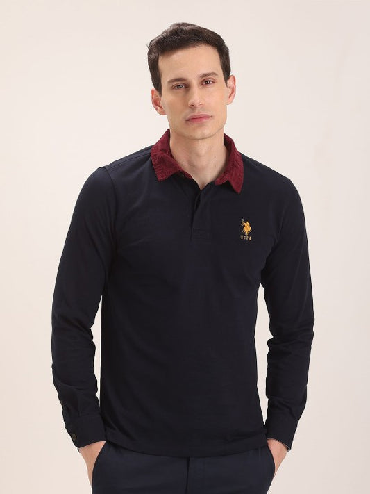 Men Navy Blue Polo Collar Slim Fit Pure Cotton T-shirt