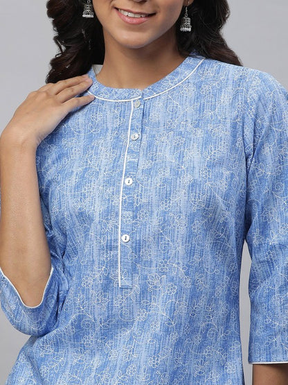 Band Collar Floral Printed Straight Cotton Kurta