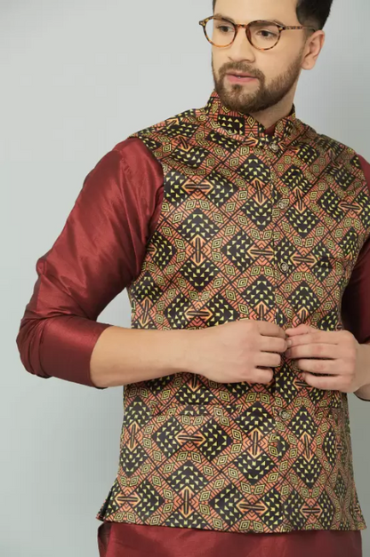 Men Pure Silk Kurta Churidar Ethnic Jacket Set