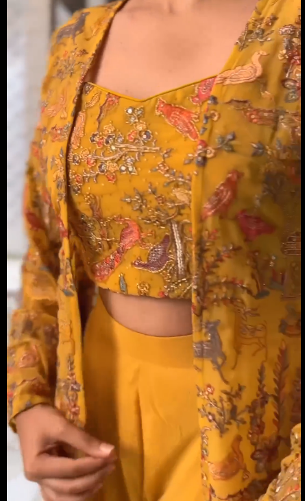 yellow georgette palazzo with embroidered crop top and a long Gerogette jacket