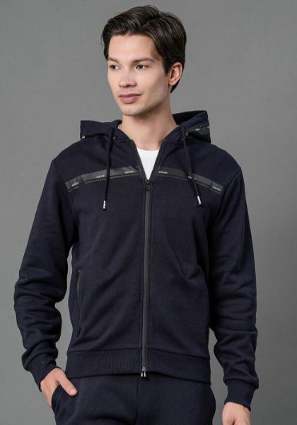 Men Navy Blue Solid Hoodie