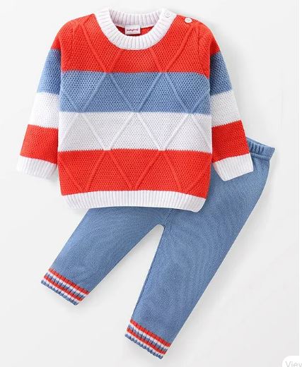 Babyhug Knitted Full Sleeves Sweater Set with Cable Knit Design - Blue & Yellow - Acrylic - Girls & Boys - for Newborn, Infant